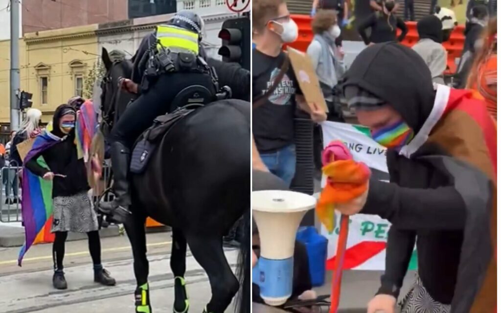 Trans protester police horse Melbourne