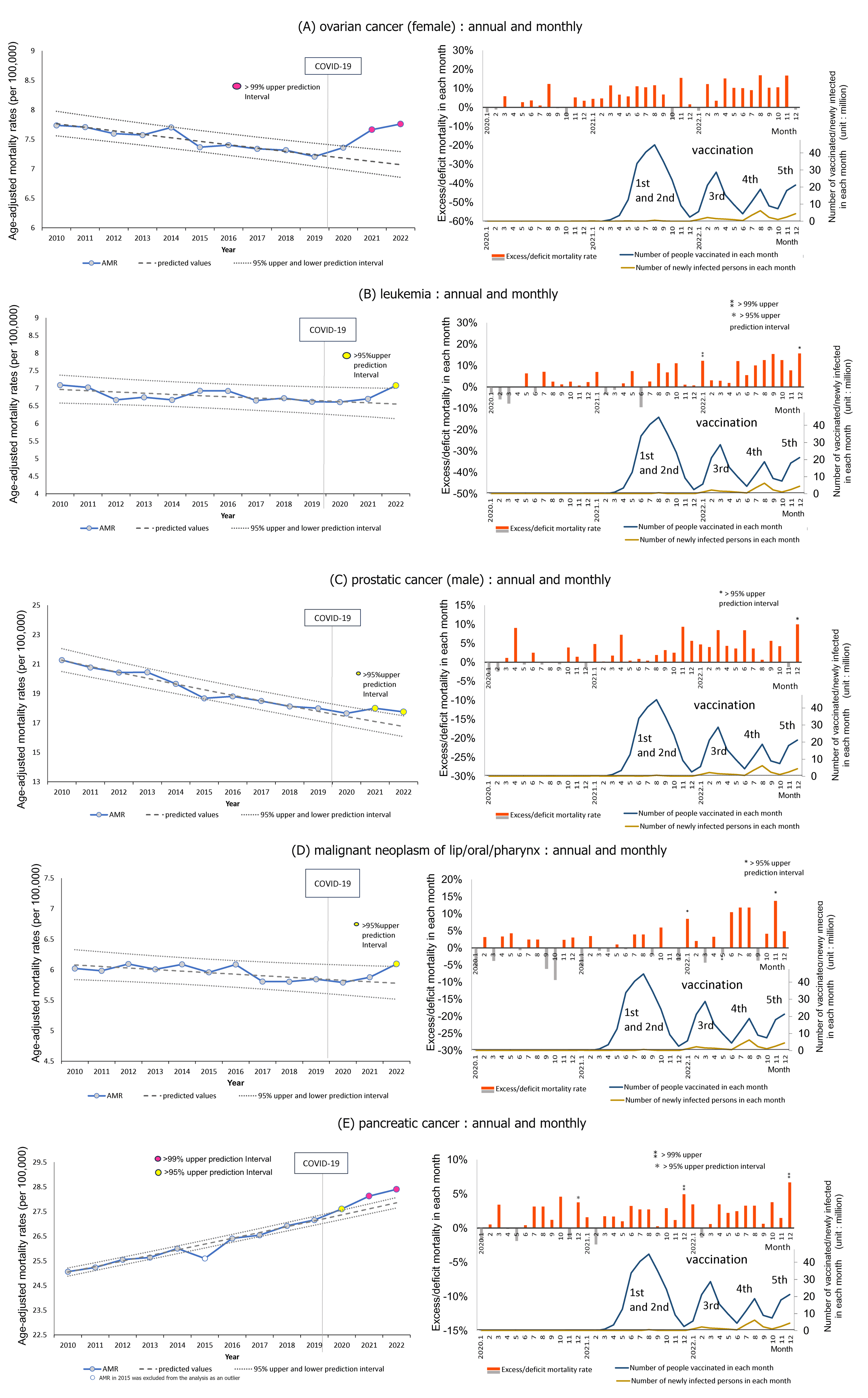 Age-adjusted mortality rates (AMRs) over time and excess mortality in each month for cancers with excess mortalities in 2021 and 2022.