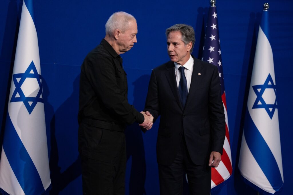 Jewish United States Secretary of State Antony Blinken (right) shaking hands with accused Israeli war criminal Yoav Gallant during a presser in October